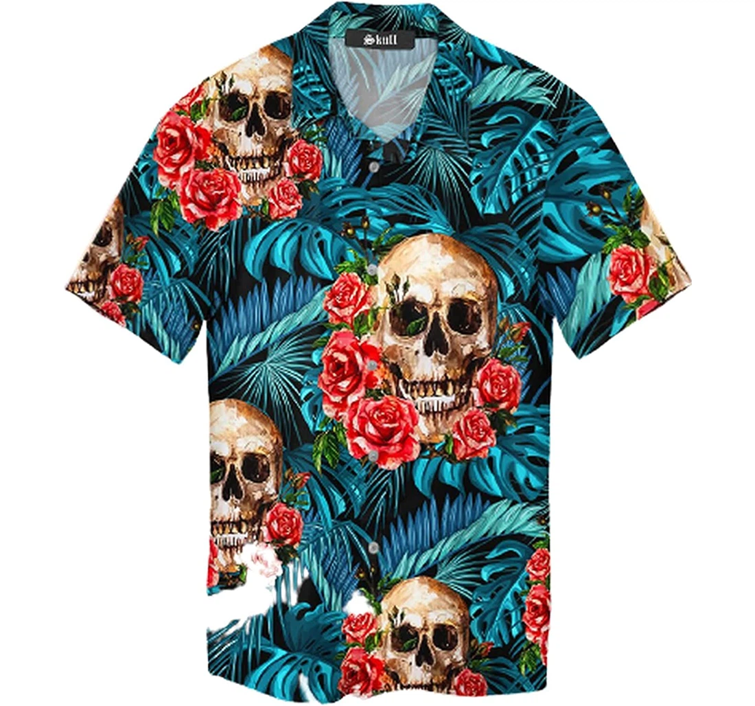 Personalized Skull Rose Soft Beach Full Prints Hawaiian Shirt, Button Up Aloha Shirt For Men, Women