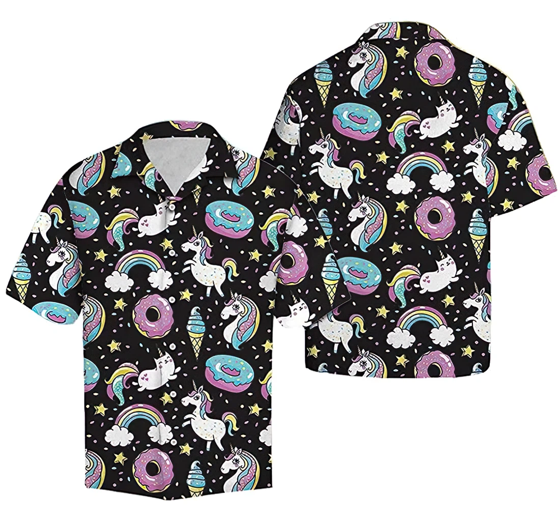 Personalized Unicorns Donuts Rainbow Hawaiian Shirt, Button Up Aloha Shirt For Men, Women