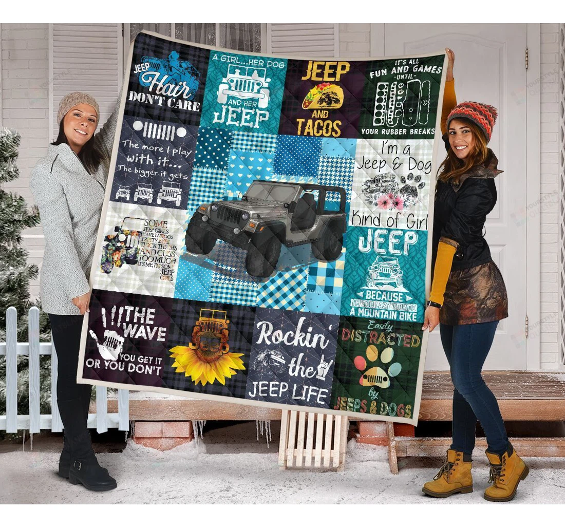 Throw Blanket, Quilt - Jeeps And Dog Sherpa Fleece