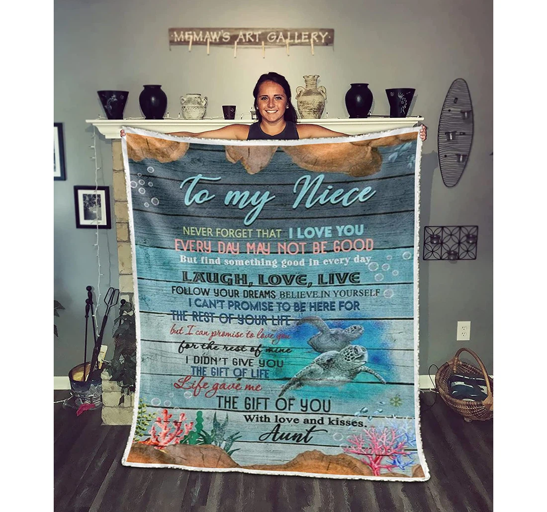 Throw Blanket, Quilt - Personalized To My Niece Turtle Family From Aunt Auntie Customized Green Turtles In The Ocean Super Gifts Sherpa Fleece