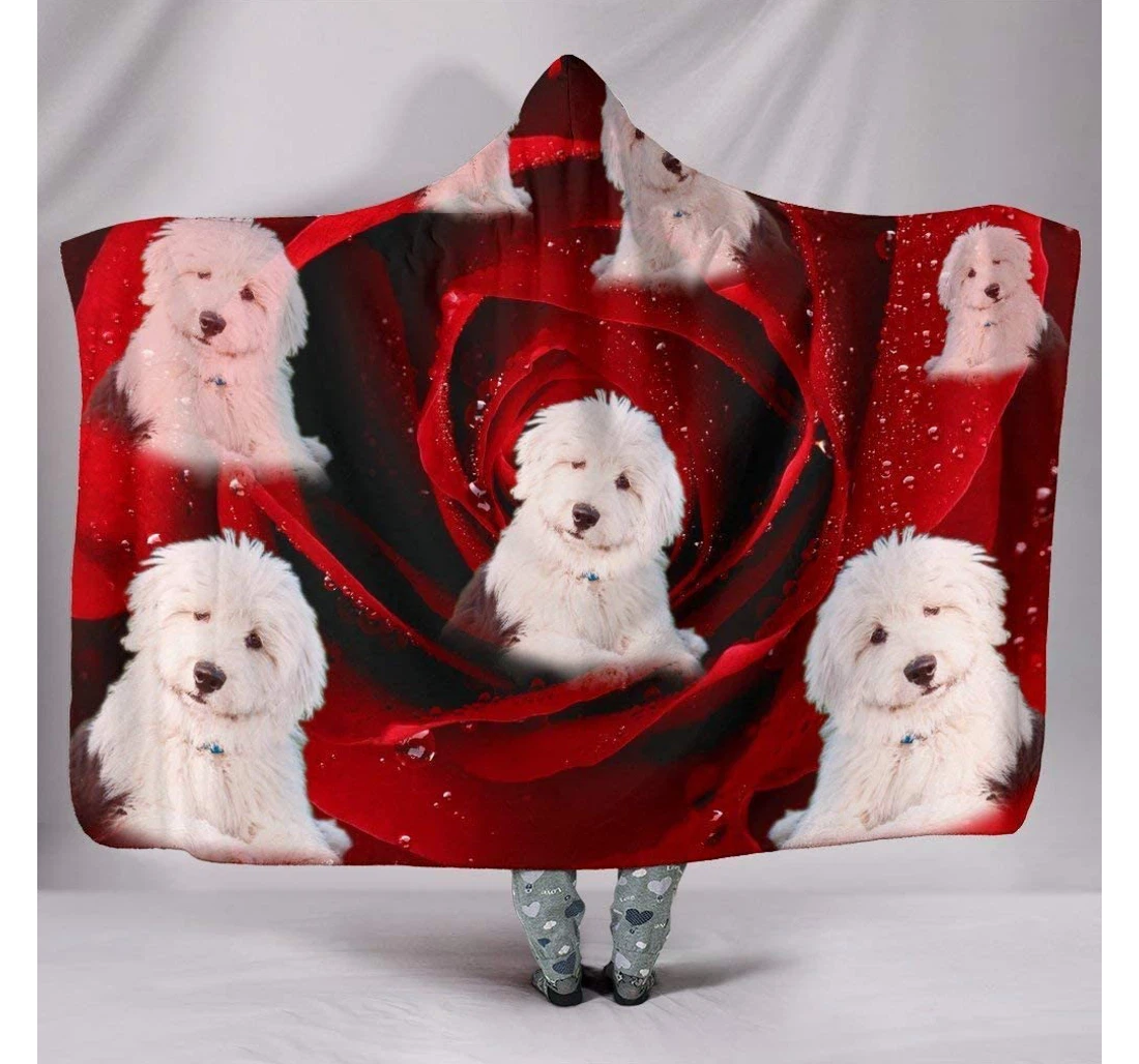 Throw Blanket, Quilt - Old English Sheepdog Print Hooded Sherpa Fleece