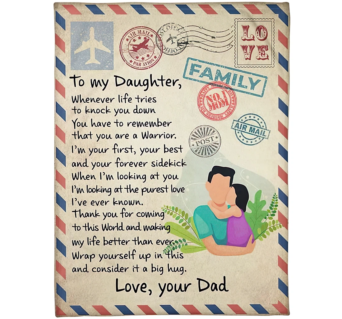 Throw Blanket, Quilt - Personalized To My Daughter Letter From Dad Print Father And Baby Stamp Vintage Airmail Gifts Customized Sherpa Fleece