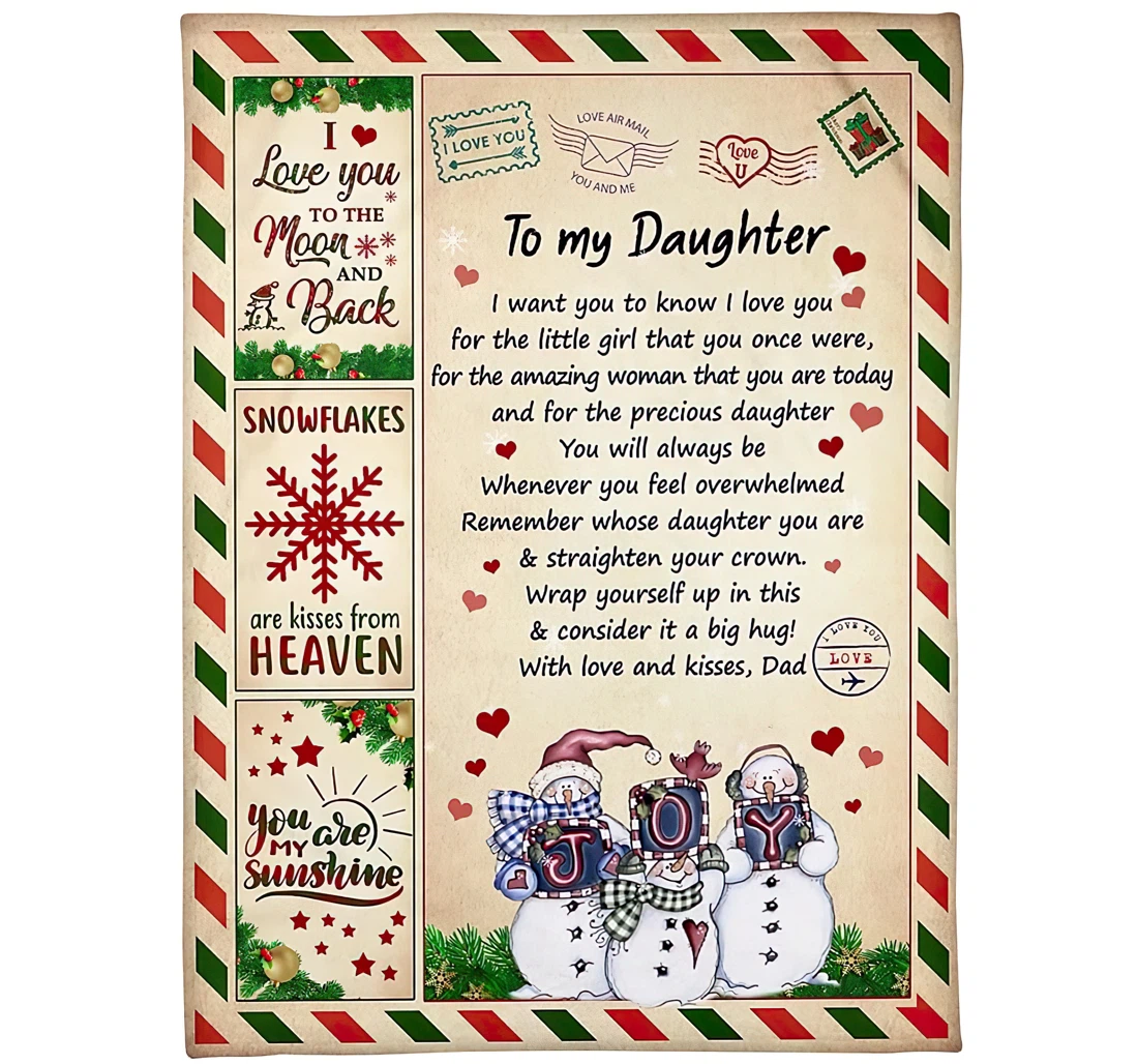 Throw Blanket, Quilt - Personalized To My Daughter Letter From Dad Print Cute Snowman Family Airmail Gifts Xmas Customized Daughter Sherpa Fleece