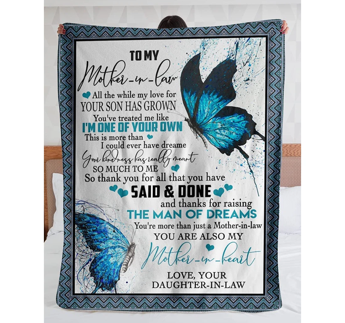 Throw Blanket, Quilt - Personalized Butterfly To My Mother In Law From Daughter In Law Custom Name Blue Beautiful Butterflies Heart Art Gifts Xmas Sherpa Fleece