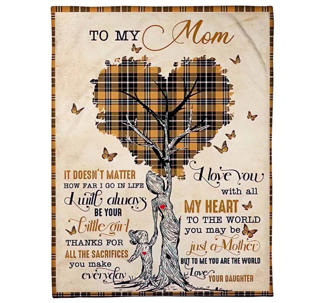 Throw Blanket, Quilt - Personalized To My Mom Love Daughter Custom Name Bedding Tree Heart Plaid With Butterfly Art Print Funny Mother Gifts Sherpa Fleece