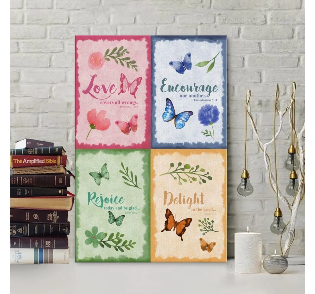 Poster, Canvas - Love Encourage Rejoice Delight Butterfly Bible Verse Print Framed Wall Art