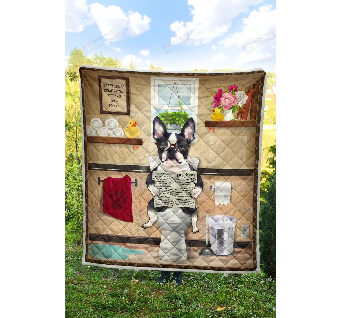 Throw Blanket, Quilt - Boston Terrier Reading In The Restroom Art Sherpa Fleece