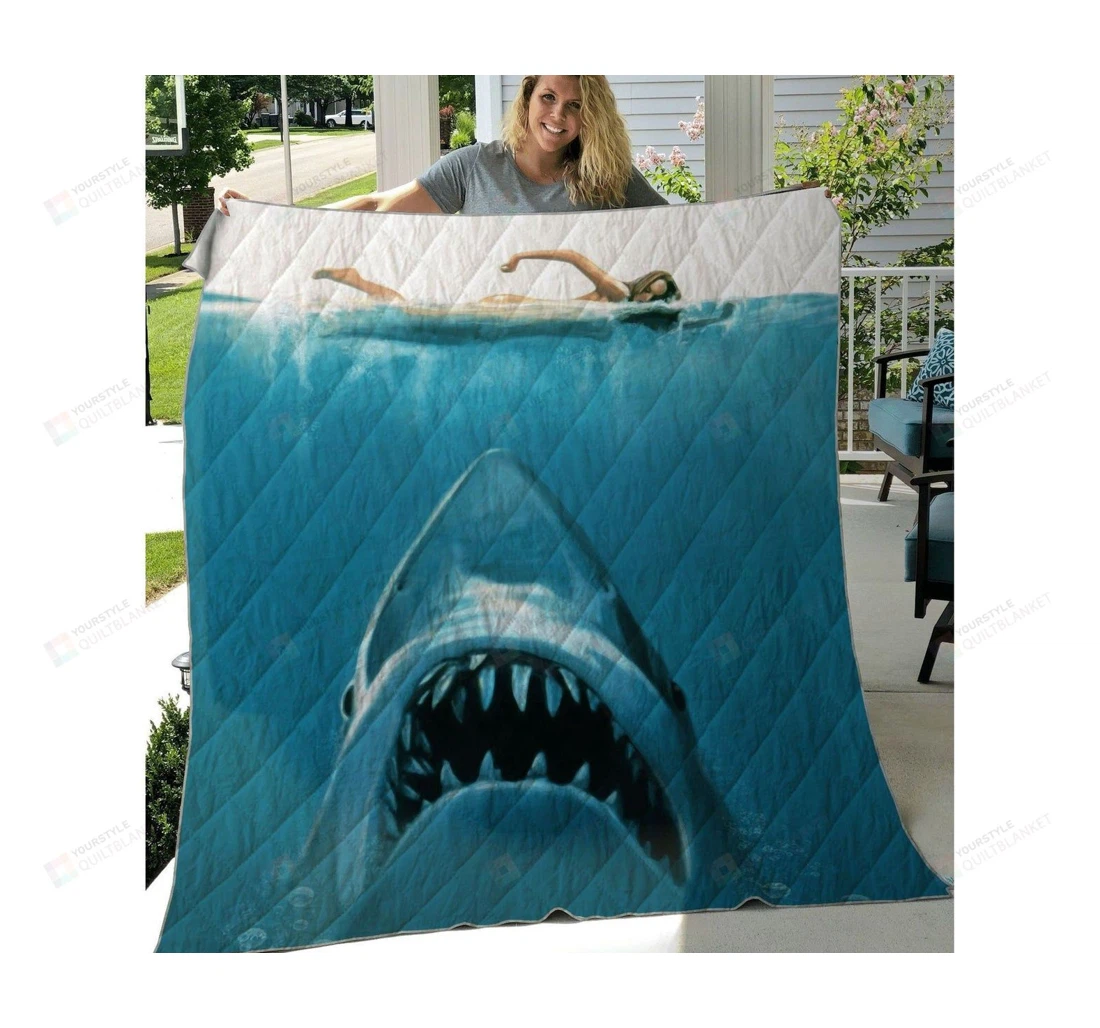 Throw Blanket, Quilt - Shark And Swimming Girl Sherpa Fleece