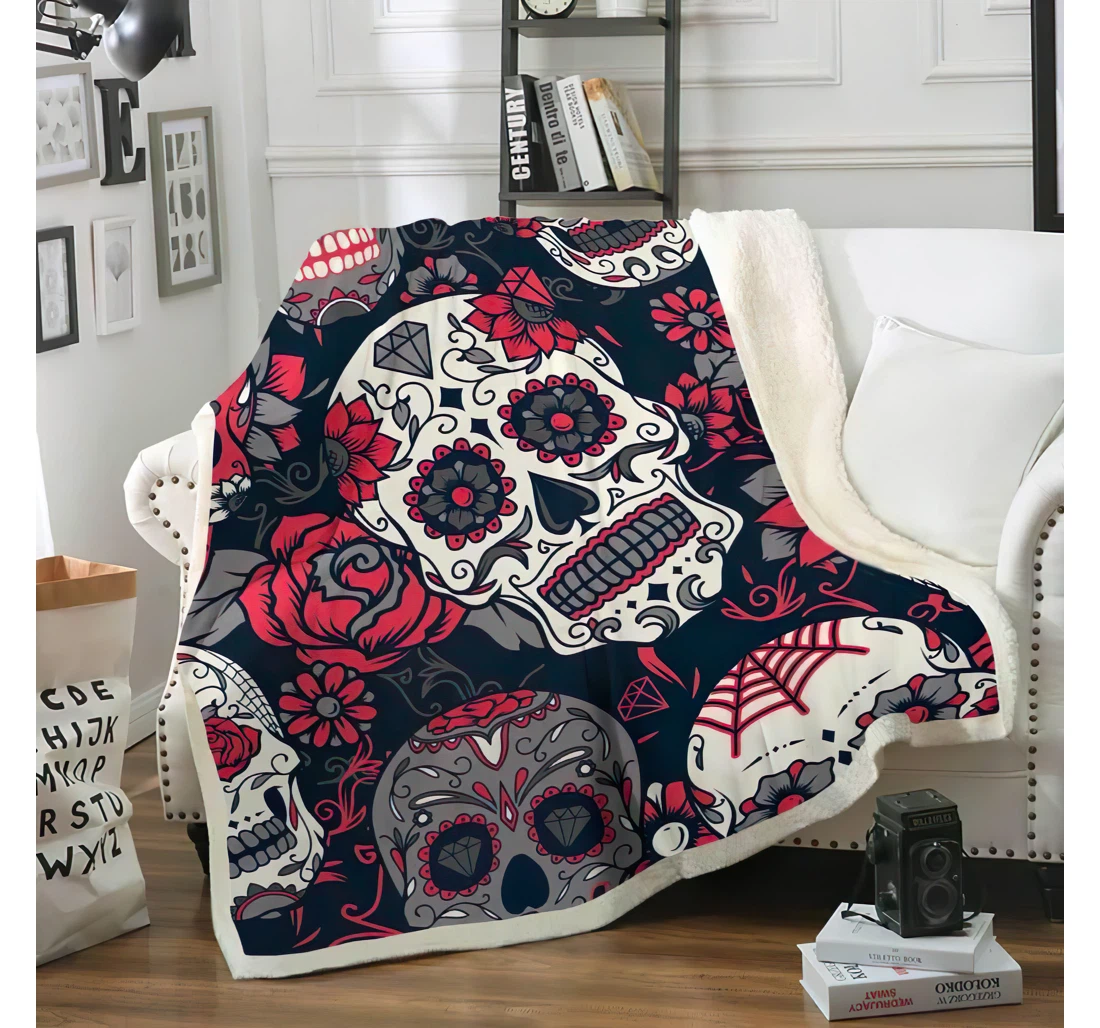 Throw Blanket, Quilt - Sugar Skull Sherpa Fleece