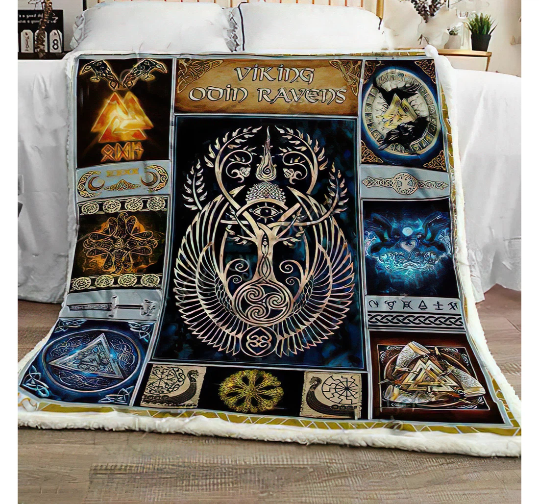 Throw Blanket, Quilt - Viking Odin Ravens Sherpa Fleece