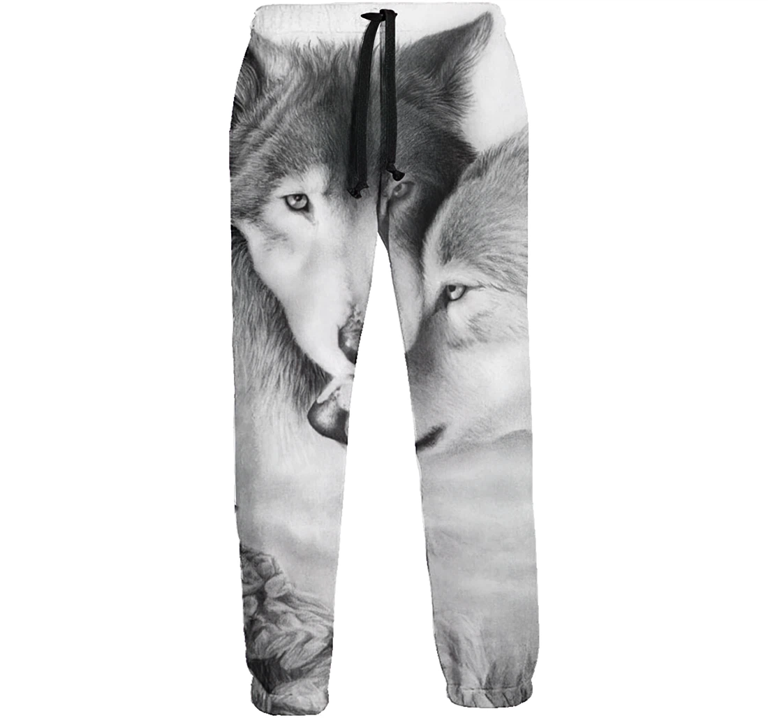 Personalized Wolves In Love Graphic Funny Casual Sweatpants, Joggers Pants With Drawstring For Men, Women