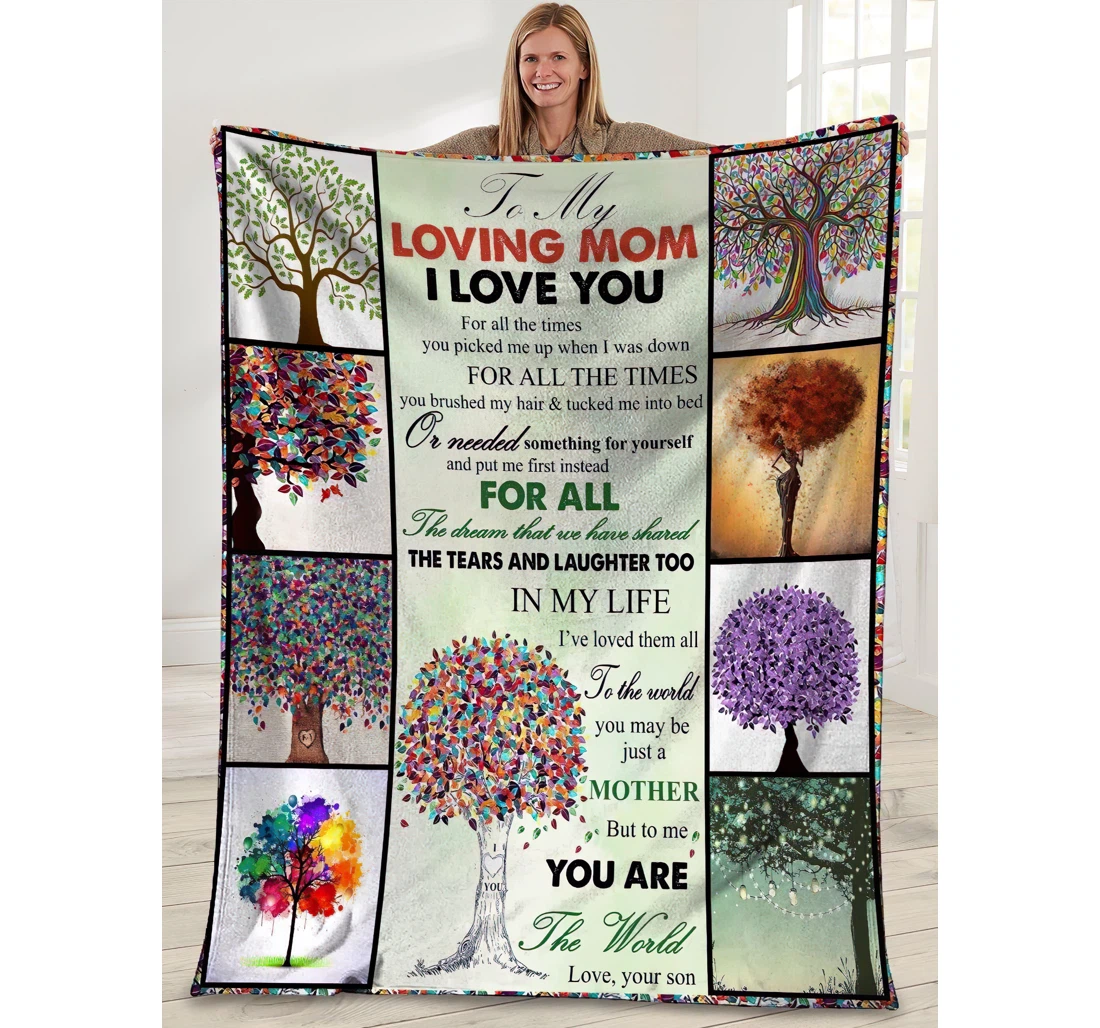 Throw Blanket, Quilt - To My Loving Mom From Son I Love You Mom Gift Colorful Tree Sherpa Fleece