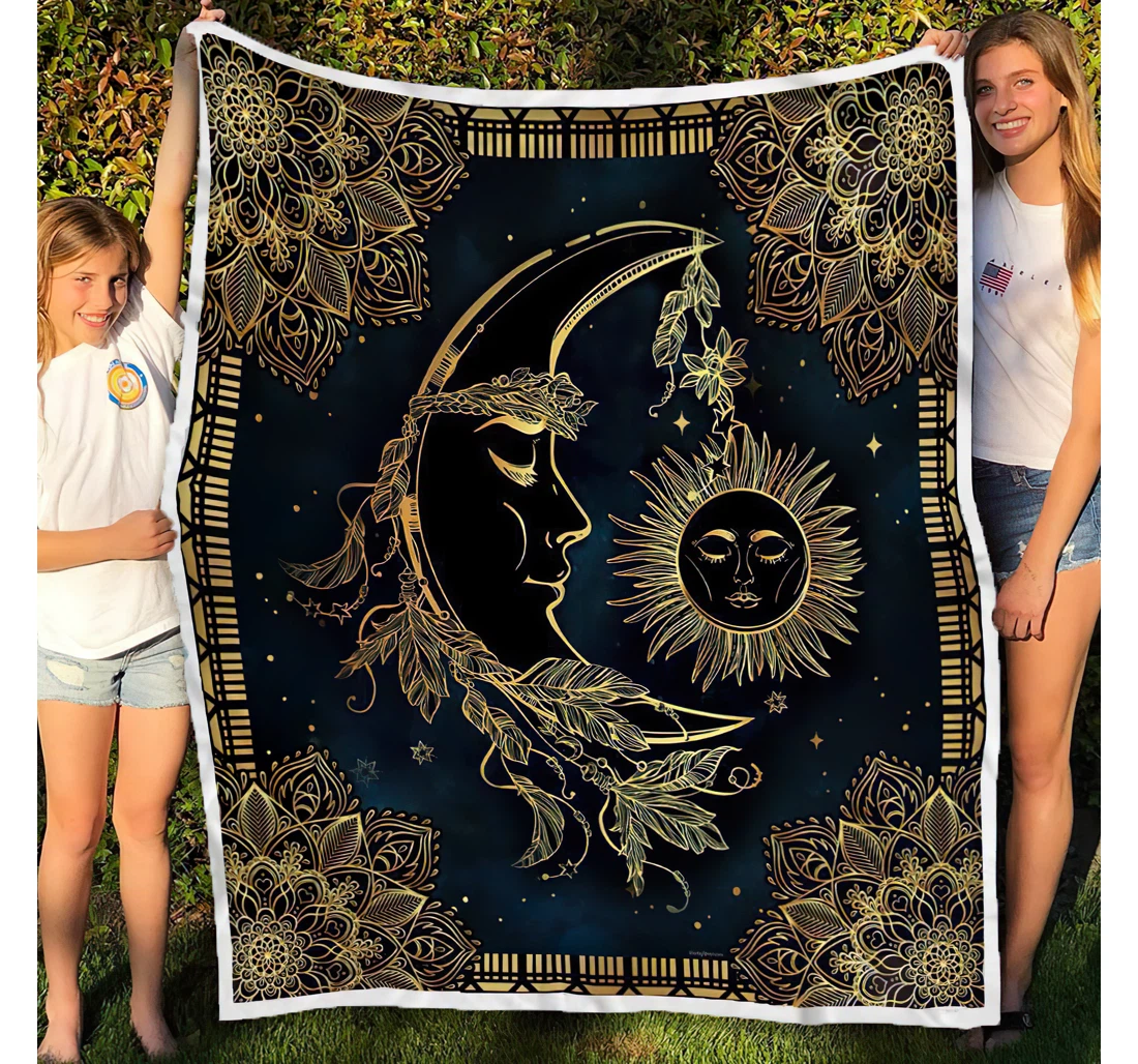 Throw Blanket, Quilt - Sun And Moon Mandala Sherpa Fleece