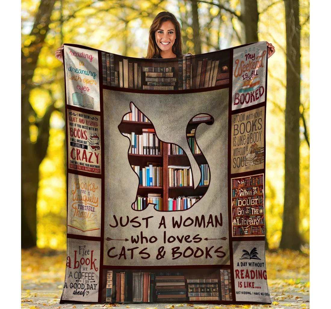 Throw Blanket, Quilt - A Woman Who Loves Cats And Books Sherpa Fleece