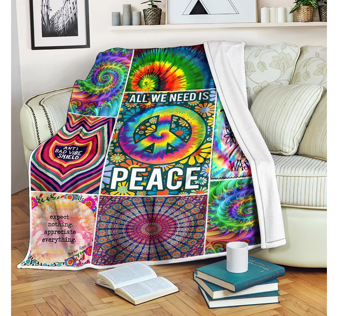 Throw Blanket, Quilt - Hippie All We Need Is Peace Sherpa Fleece