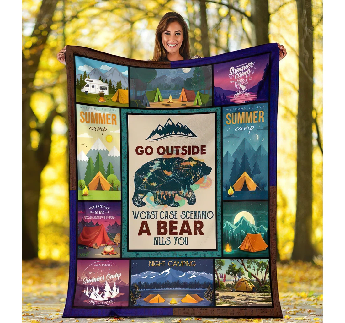 Throw Blanket, Quilt - Worst Case Scenario A Bear Kills You Funny Camping Sherpa Fleece