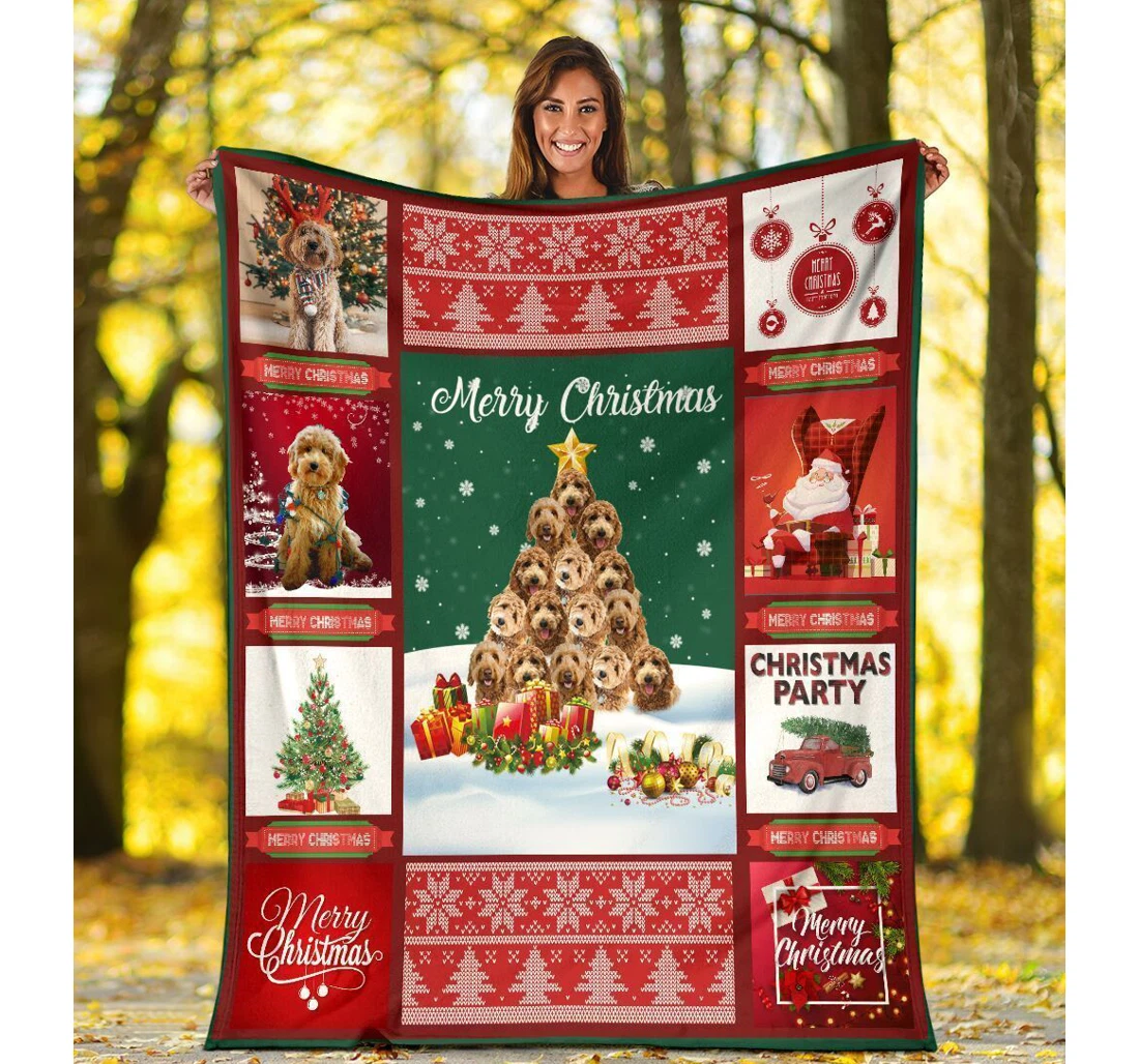 Throw Blanket, Quilt - Merry Goldendoodle Dog Xmas Sherpa Fleece