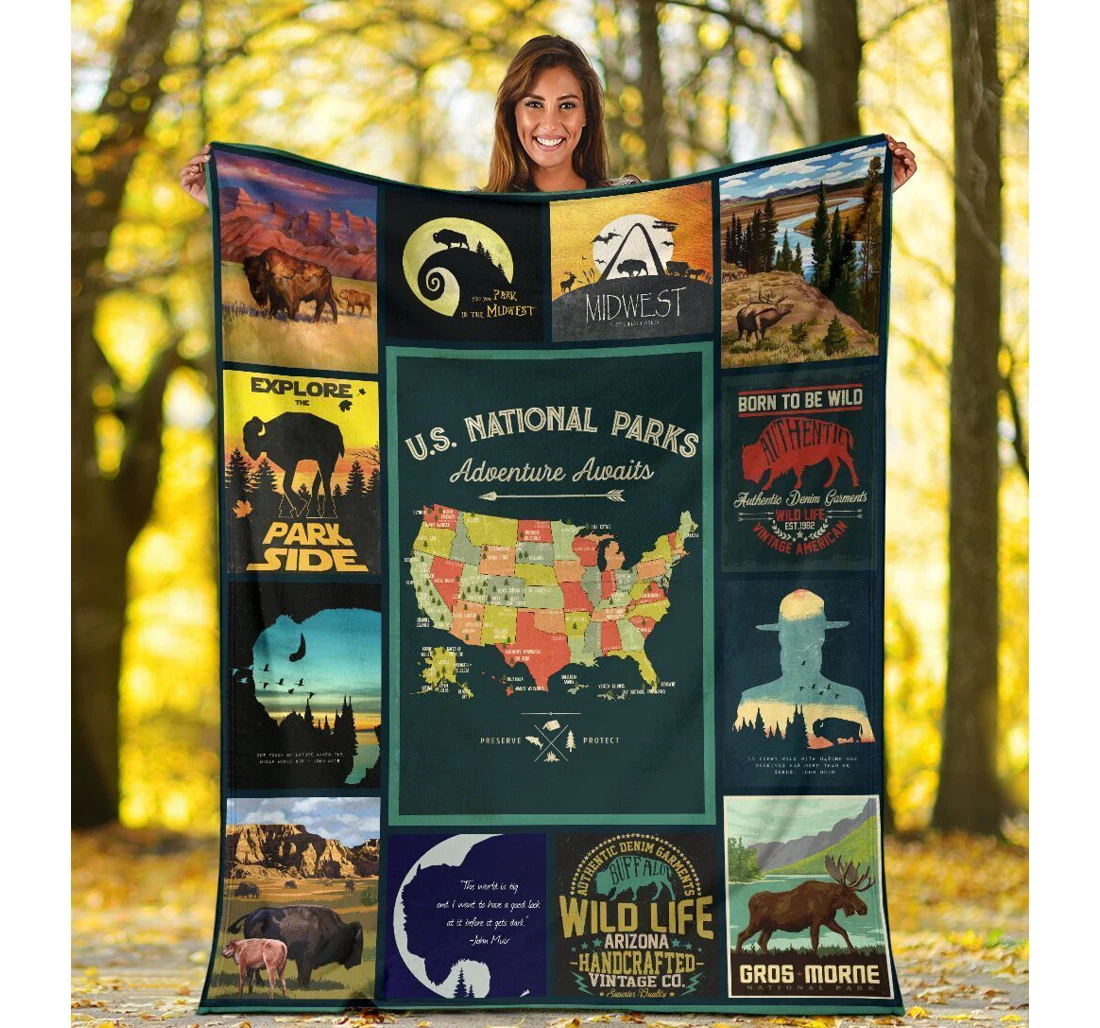 Throw Blanket, Quilt - National Parks Map Us Camping Hiking Outdoor Sherpa Fleece