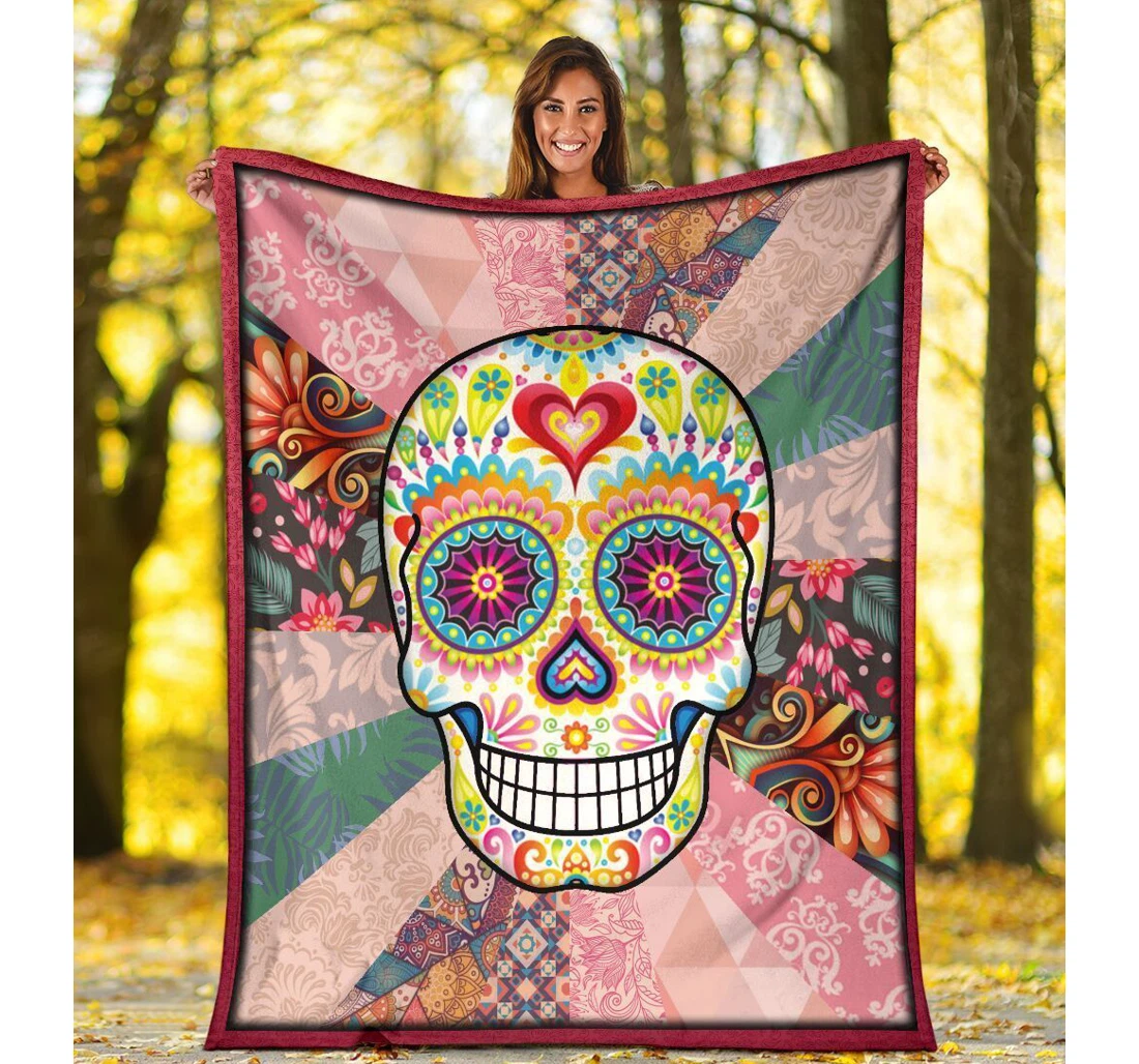 Throw Blanket, Quilt - Sugar Skull Hippie Skeleton Sherpa Fleece