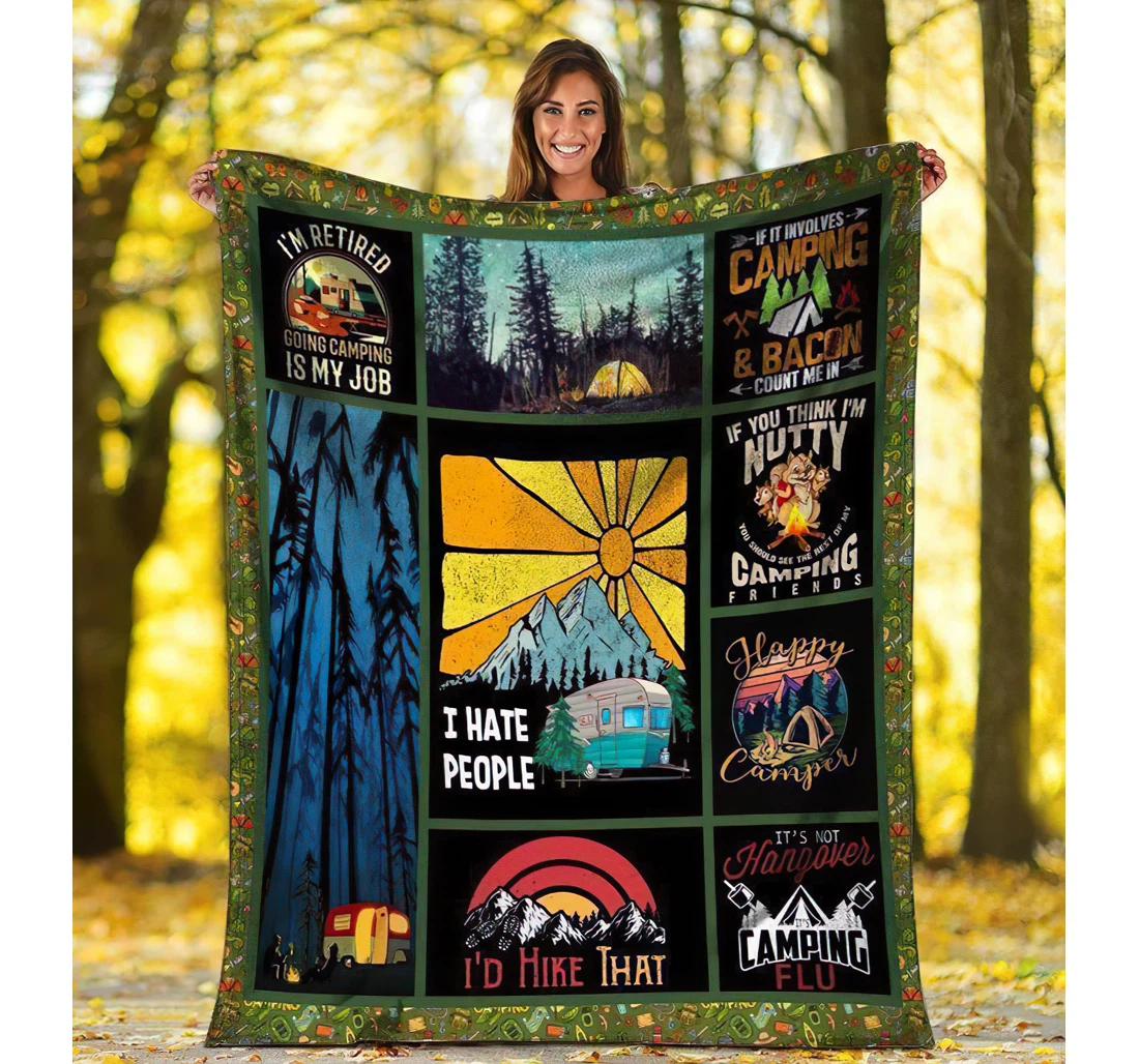 Throw Blanket, Quilt - I Hate People Camping Hiking Sherpa Fleece