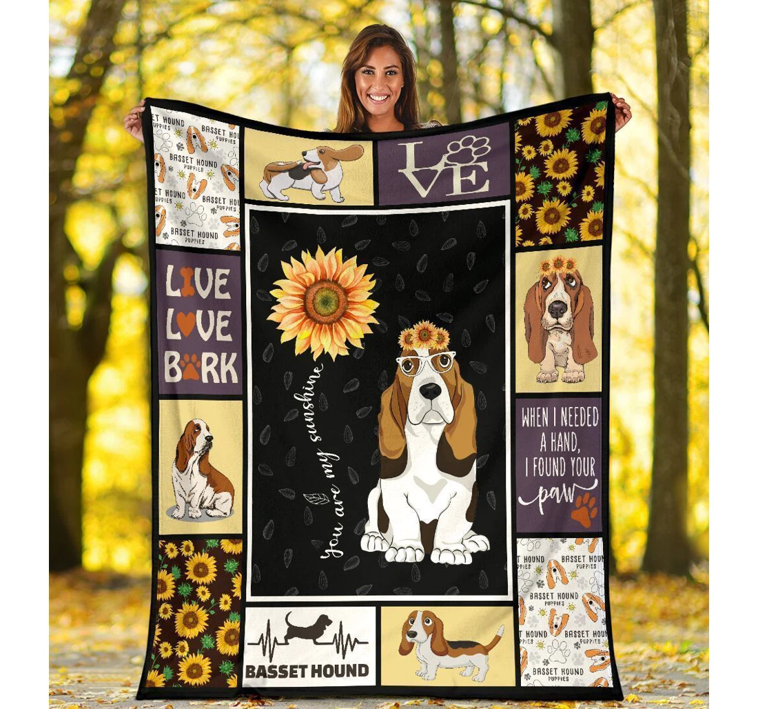 Throw Blanket, Quilt - You Are My Sunshine Basset Hound Dog Sunflower Sherpa Fleece