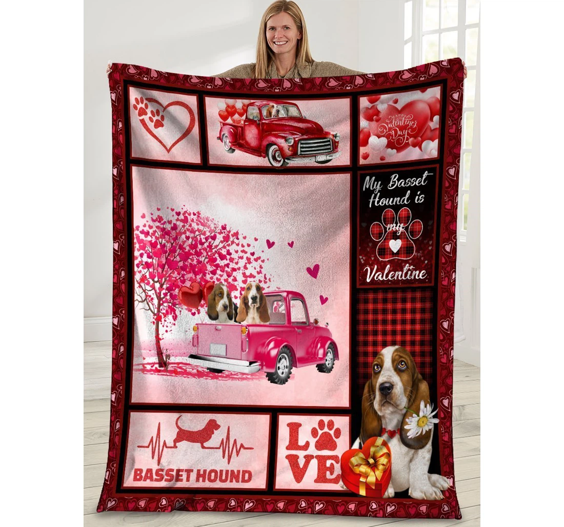 Throw Blanket, Quilt - Valentine's Day Gifts My Basset Hound Is My Valentine Basset Hound Dog Pink Truck Sherpa Fleece