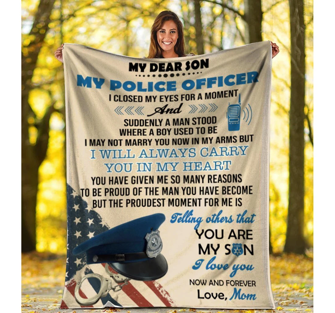 Throw Blanket, Quilt - Mom To Son Police Officer American Usa Flag Sherpa Fleece