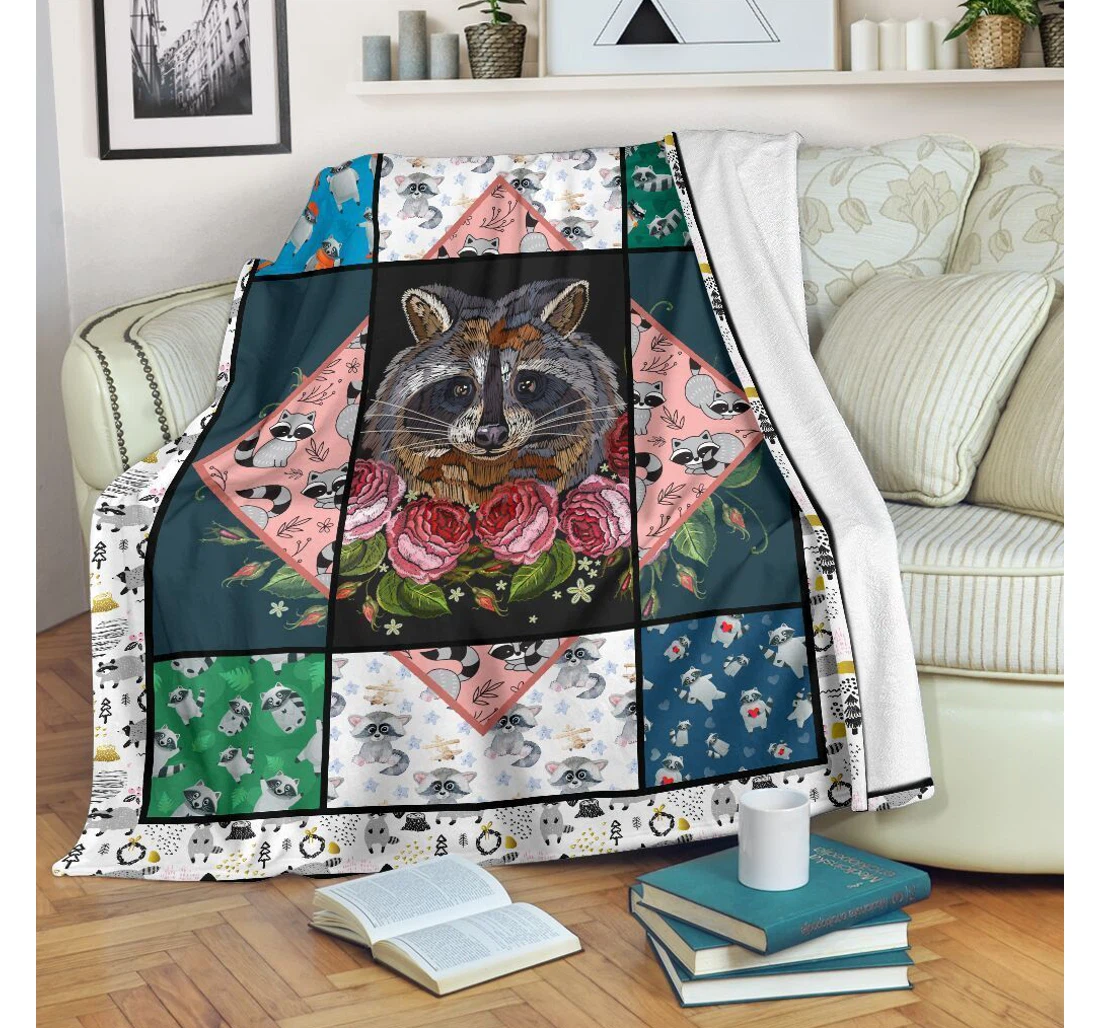 Throw Blanket, Quilt - Racoon Flower Raccoons Gift Racoon Lovers Sherpa Fleece