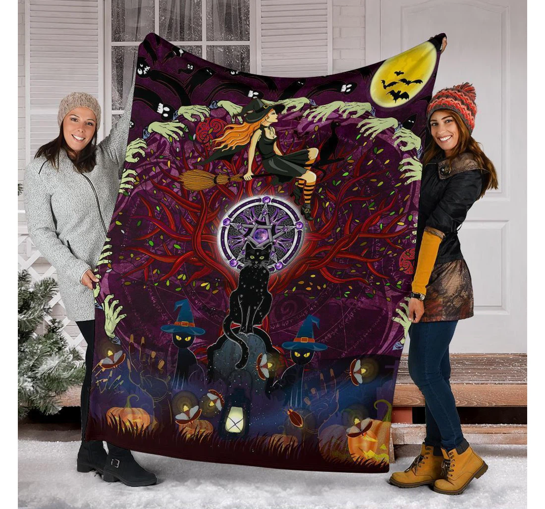 Throw Blanket, Quilt - Celtic Samhain Black Cat With Pentagram Symbol Sherpa Fleece