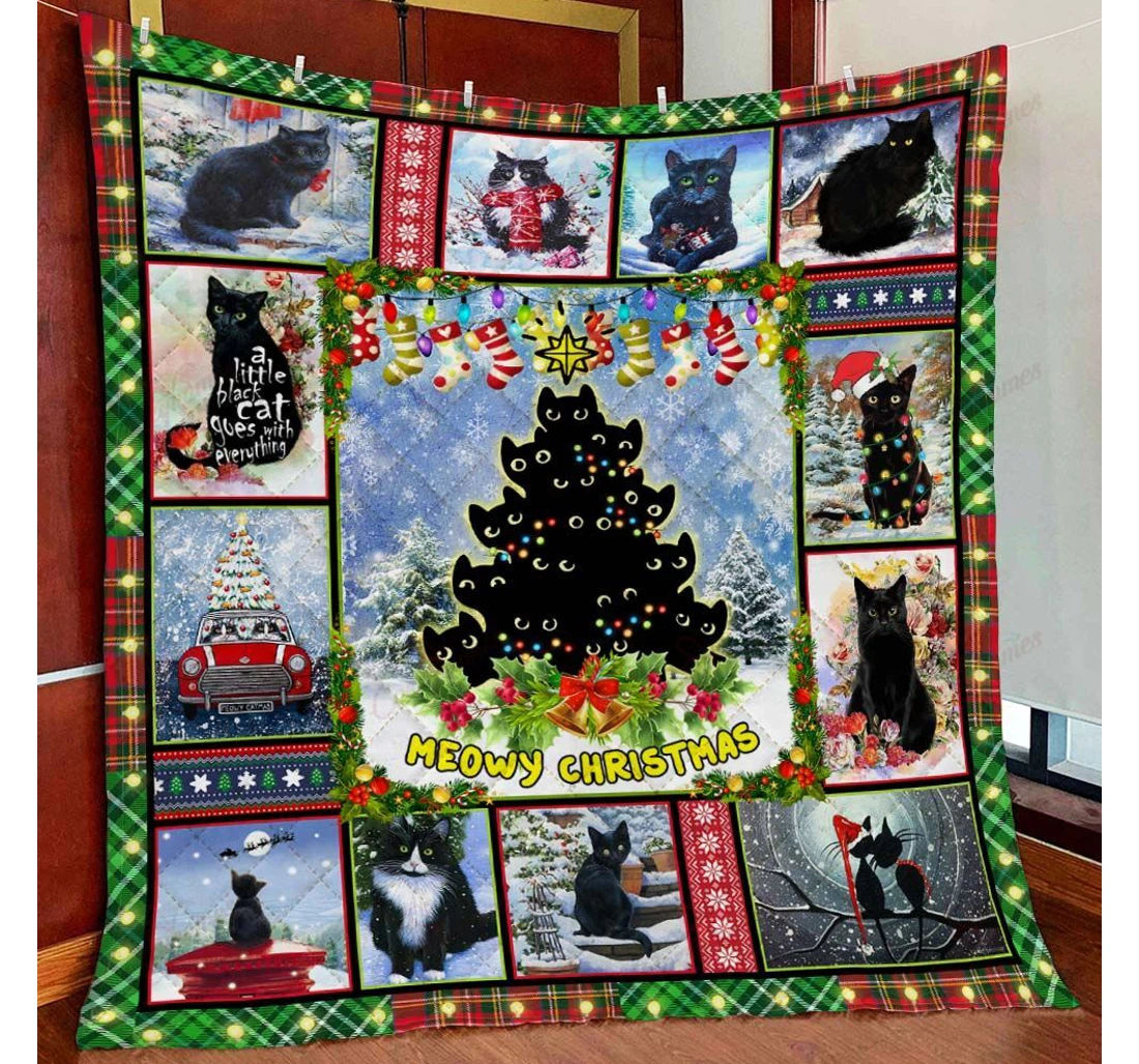 Throw Blanket, Quilt - Meowy Black Cat Lover Sherpa Fleece