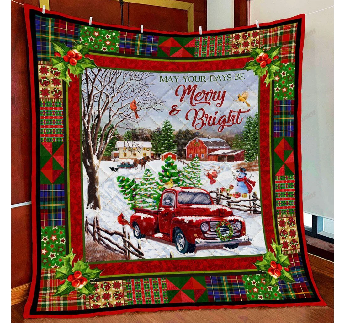 Throw Blanket, Quilt - Be Merry And Bright Red Truck Sherpa Fleece