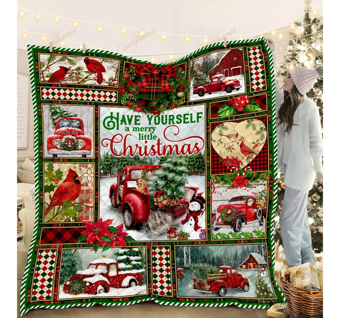 Throw Blanket, Quilt - Have Yourself A Merry Little Red Truck Sherpa Fleece