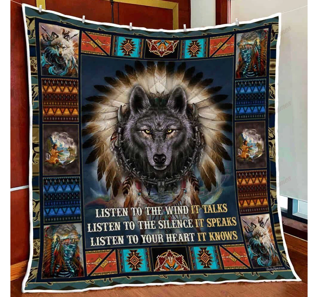 Throw Blanket, Quilt - Native Amerian Wolf Spirit V1 Sherpa Fleece