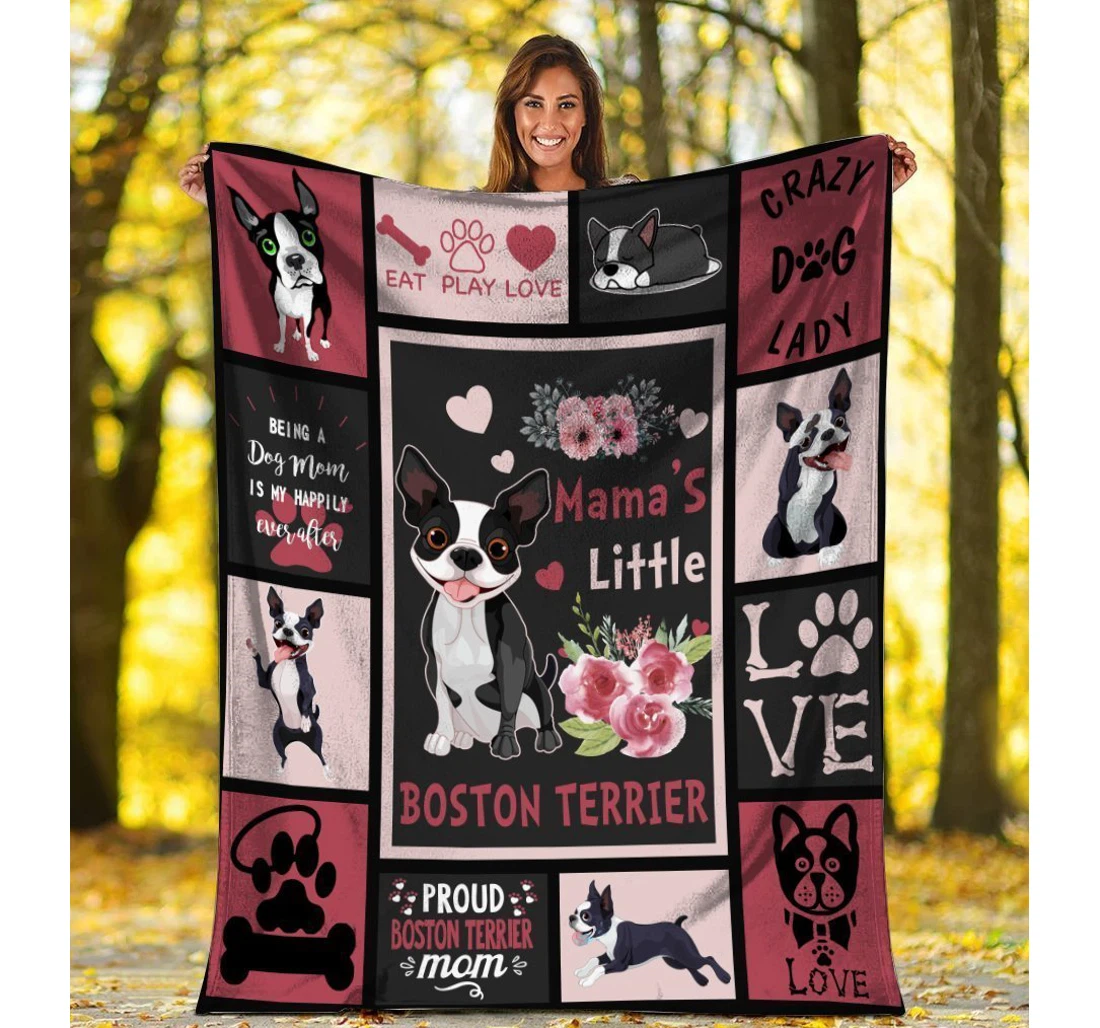 Throw Blanket, Quilt - Mama's Little Boston Terrier Dog Flower Sherpa Fleece