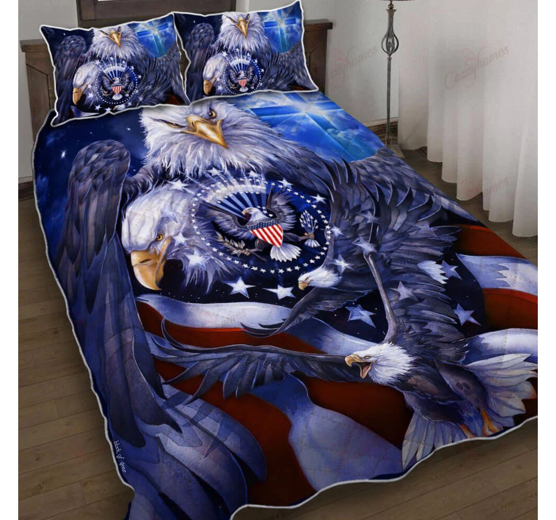 Throw Blanket, Quilt - God Bless America Eagle Set Sherpa Fleece