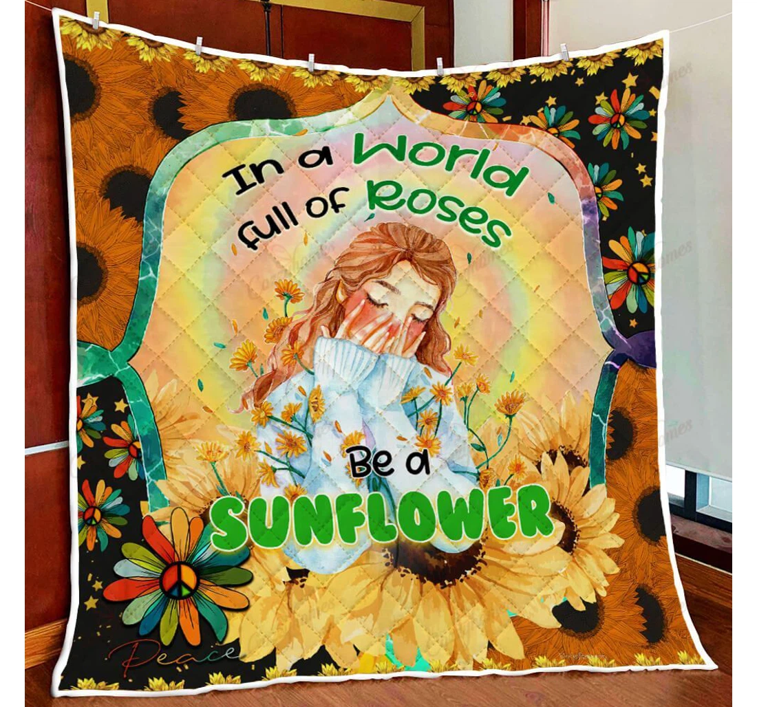 Throw Blanket, Quilt - A Beautiful Sunflower Hippie Sherpa Fleece