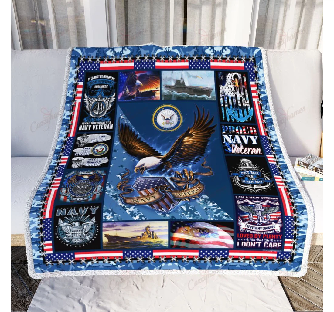 Throw Blanket, Quilt - Proud Navy Veteran Eagle Sherpa Fleece