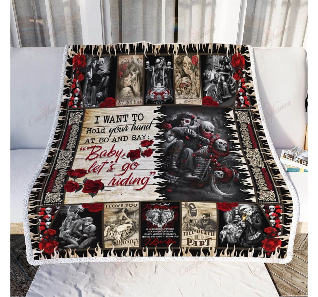 Throw Blanket, Quilt - Skull Biker Couple Baby Lets Go Riding Sherpa Fleece