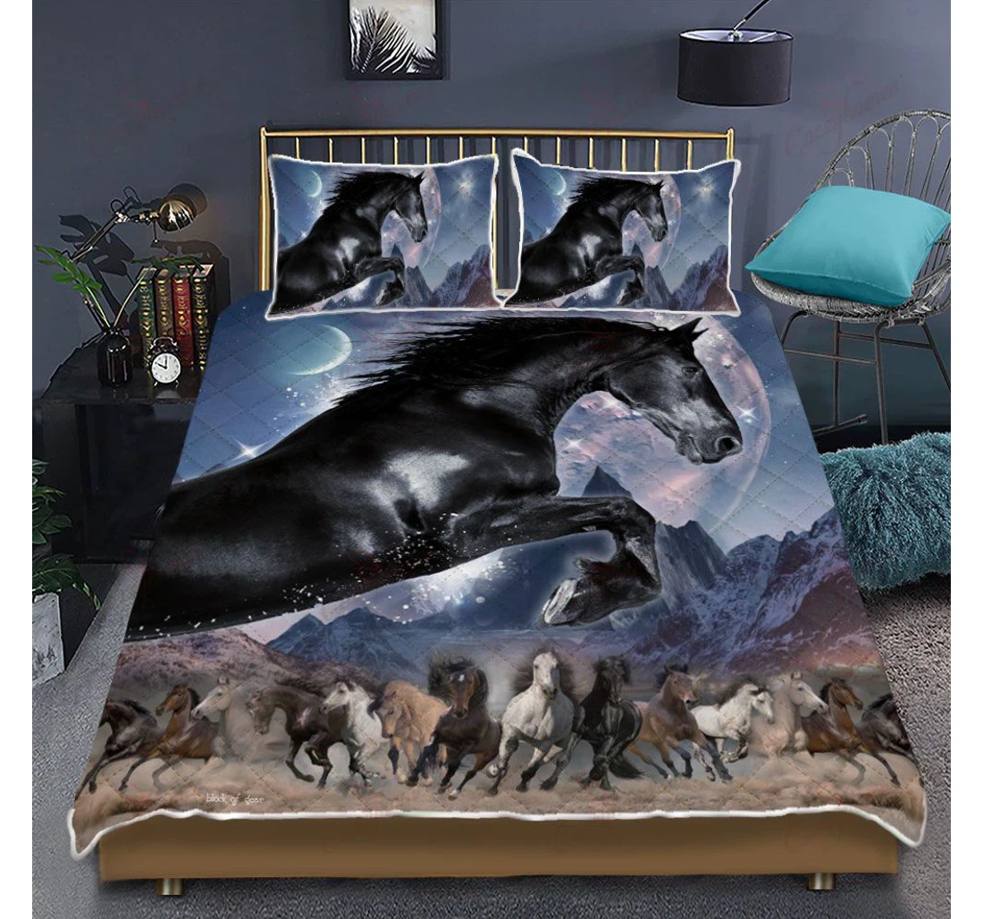 Throw Blanket, Quilt - Horses Black Horse Set Sherpa Fleece