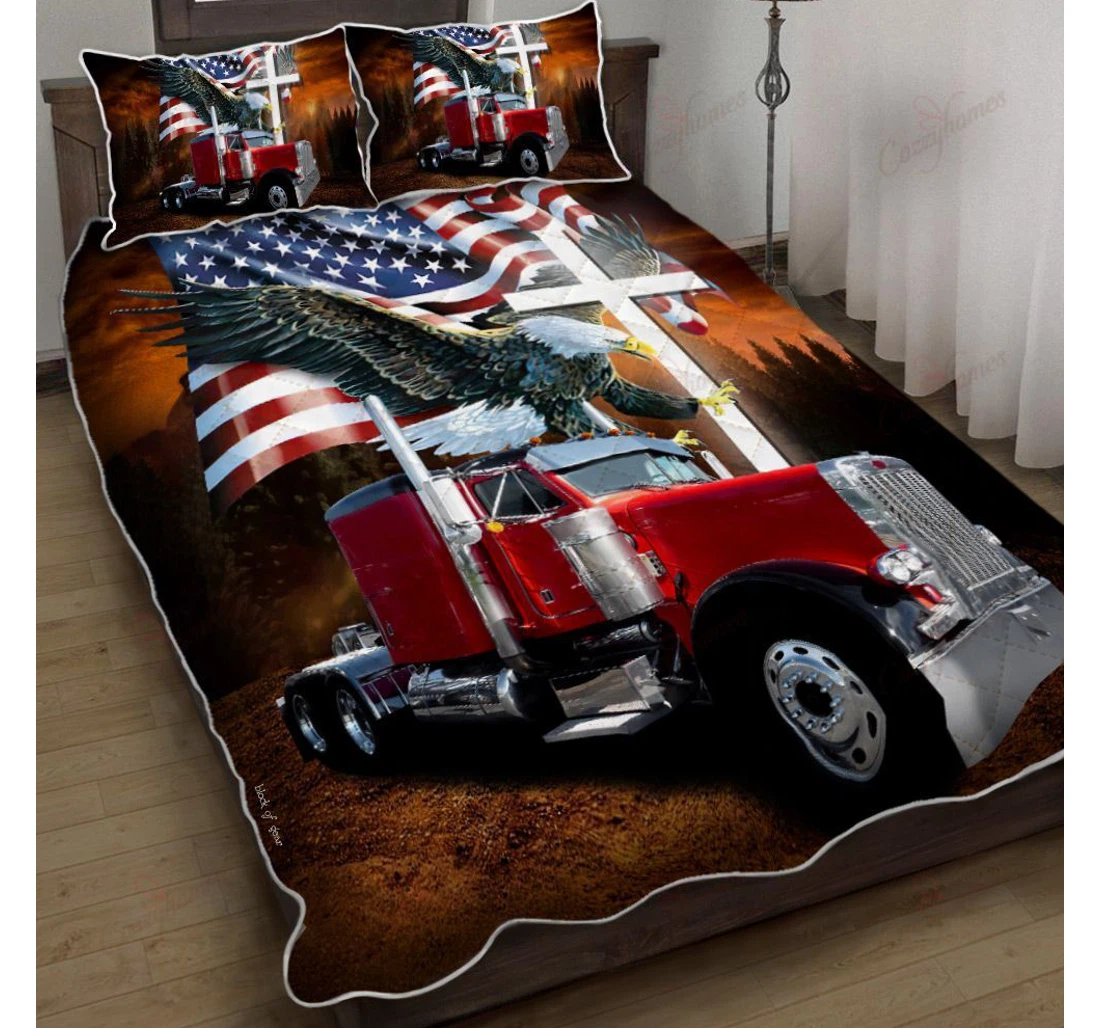 Throw Blanket, Quilt - Jesus American Eagle Trucker Flat Top Red Truck Set Sherpa Fleece