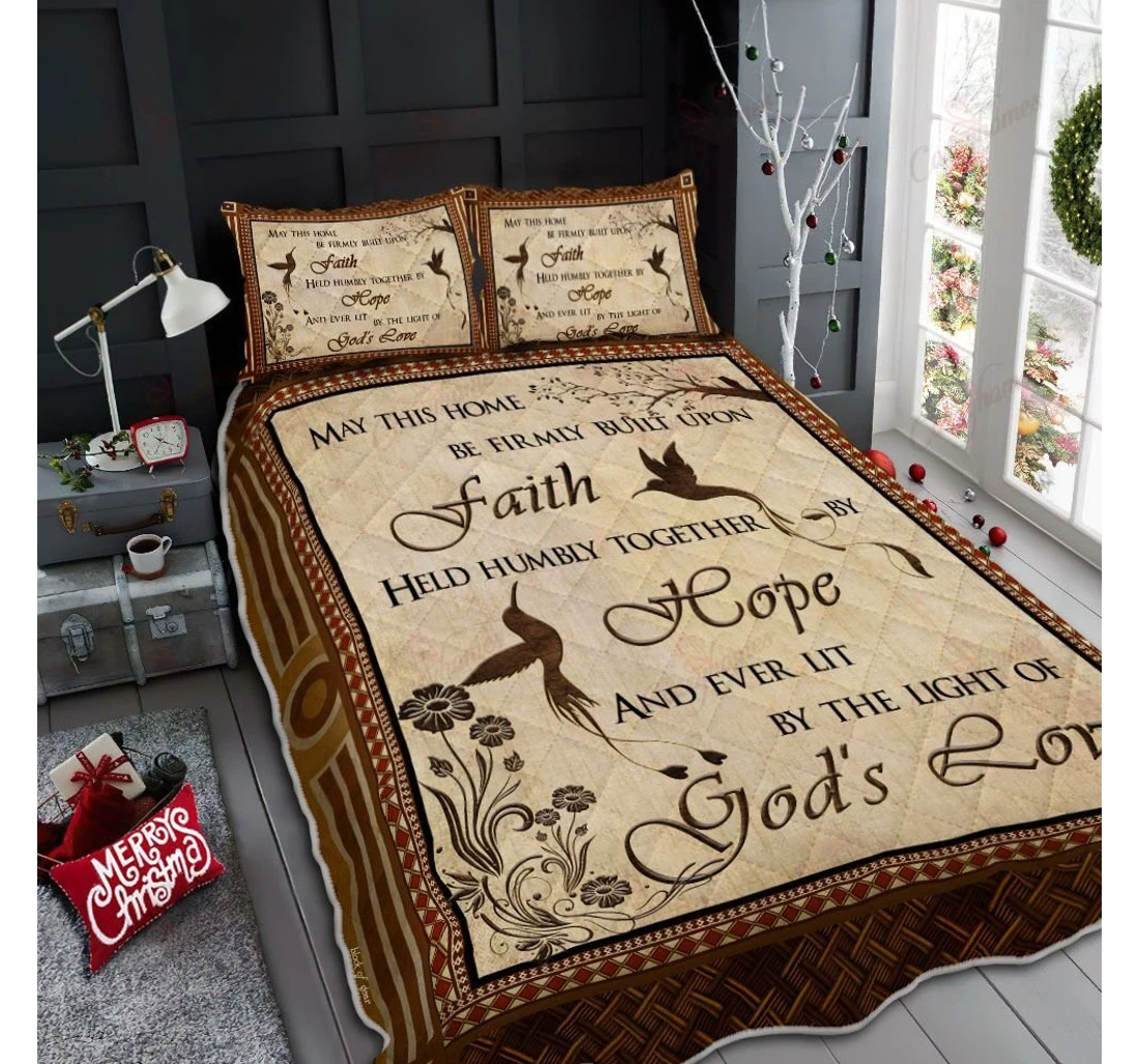 Throw Blanket, Quilt - Hummingbird May This Home Be Firmly Built Upon Faith Set Sherpa Fleece