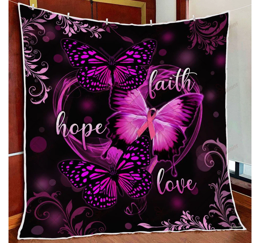 Throw Blanket, Quilt - Faith Hope Love Breast Cancer Awareness Butterfly Sherpa Fleece