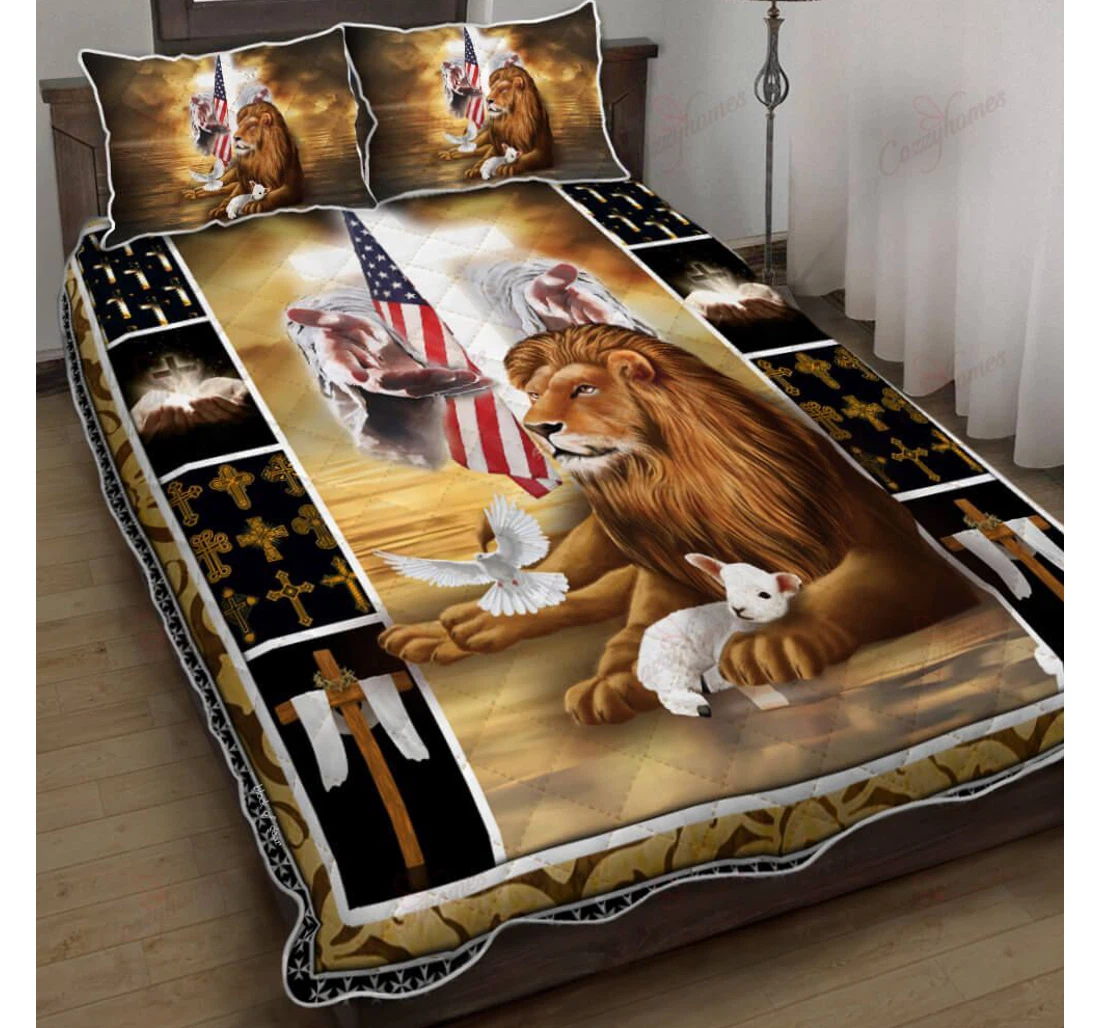 Throw Blanket, Quilt - Jesus Lion And Lamb Cross Set Sherpa Fleece