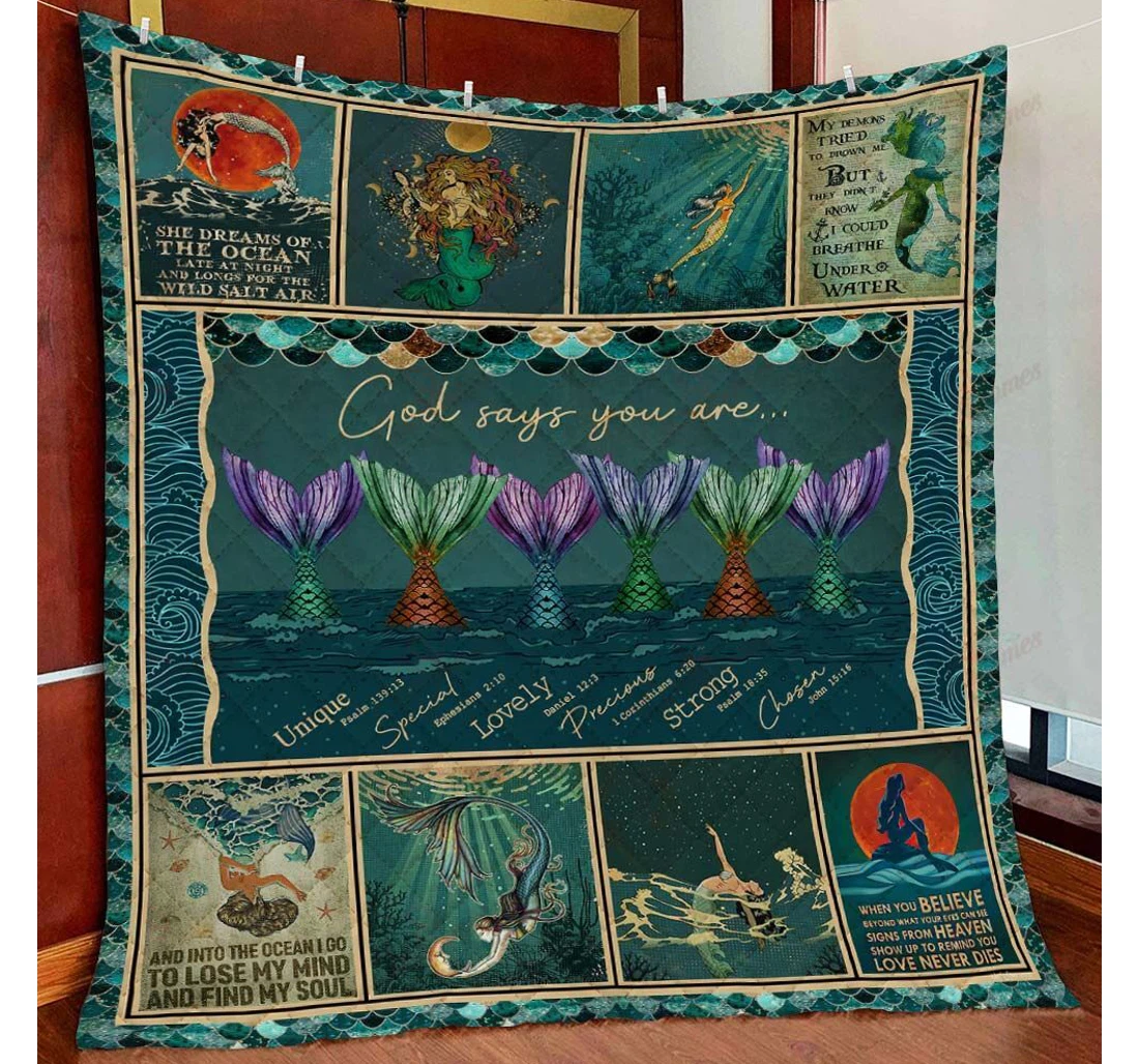 Throw Blanket, Quilt - God Says You Are Mermaid Sherpa Fleece