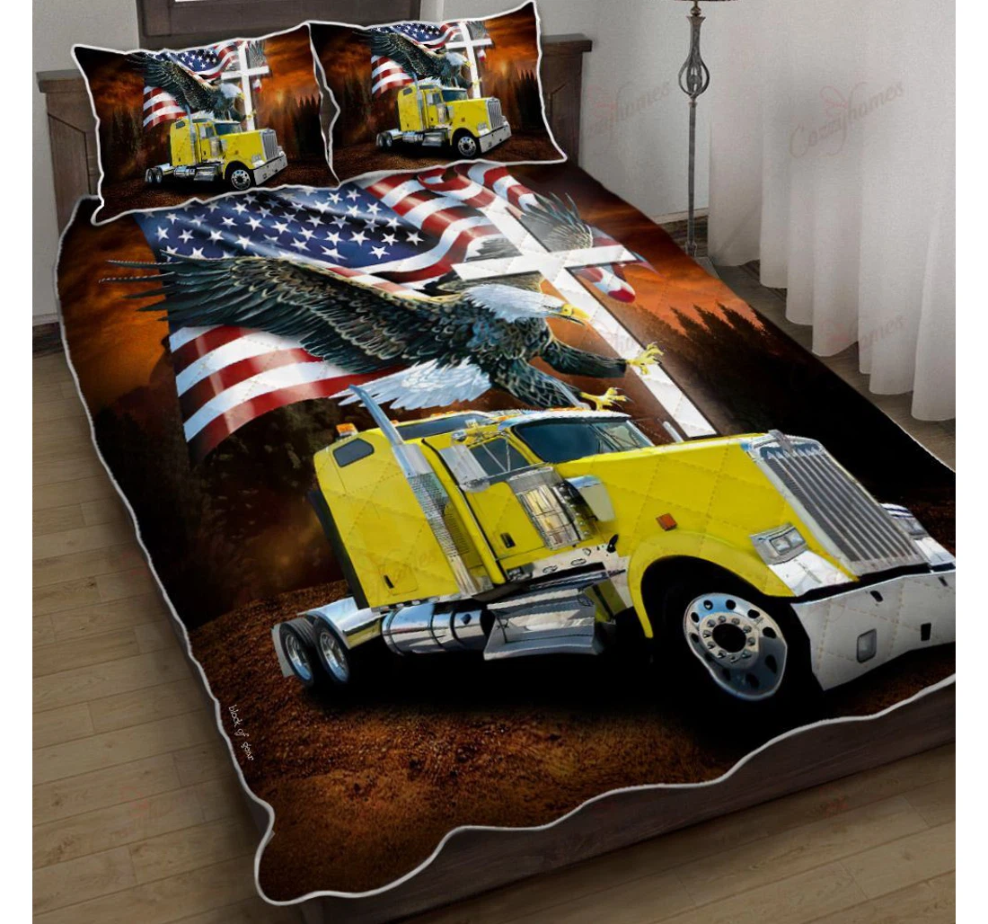 Throw Blanket, Quilt - Jesus American Eagle Trucker Yellow Truck Set Sherpa Fleece