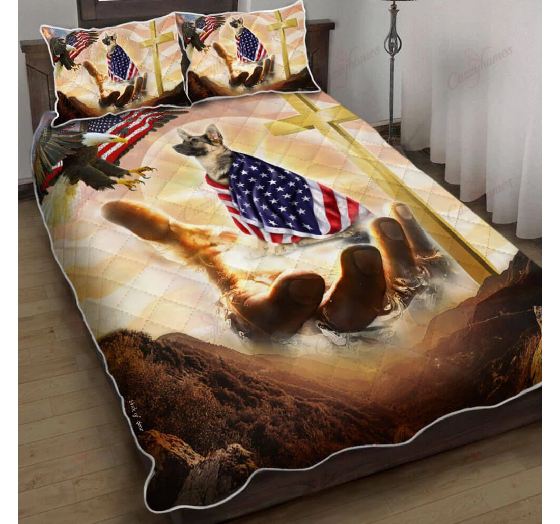 Throw Blanket, Quilt - German Shepherd Christian Cross American Patriot Set Sherpa Fleece