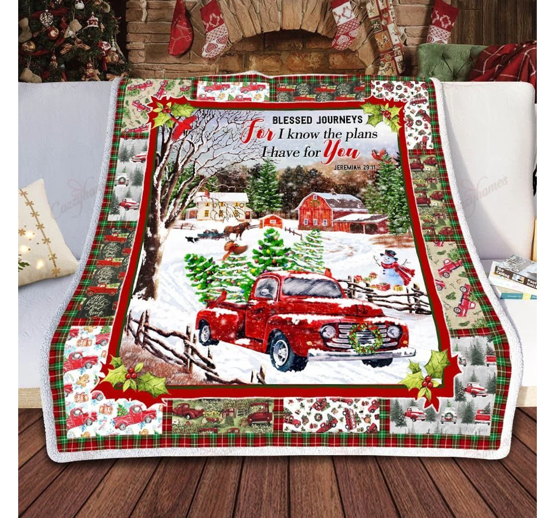 Throw Blanket, Quilt - Red Truck Blessed Journeys Sherpa Fleece