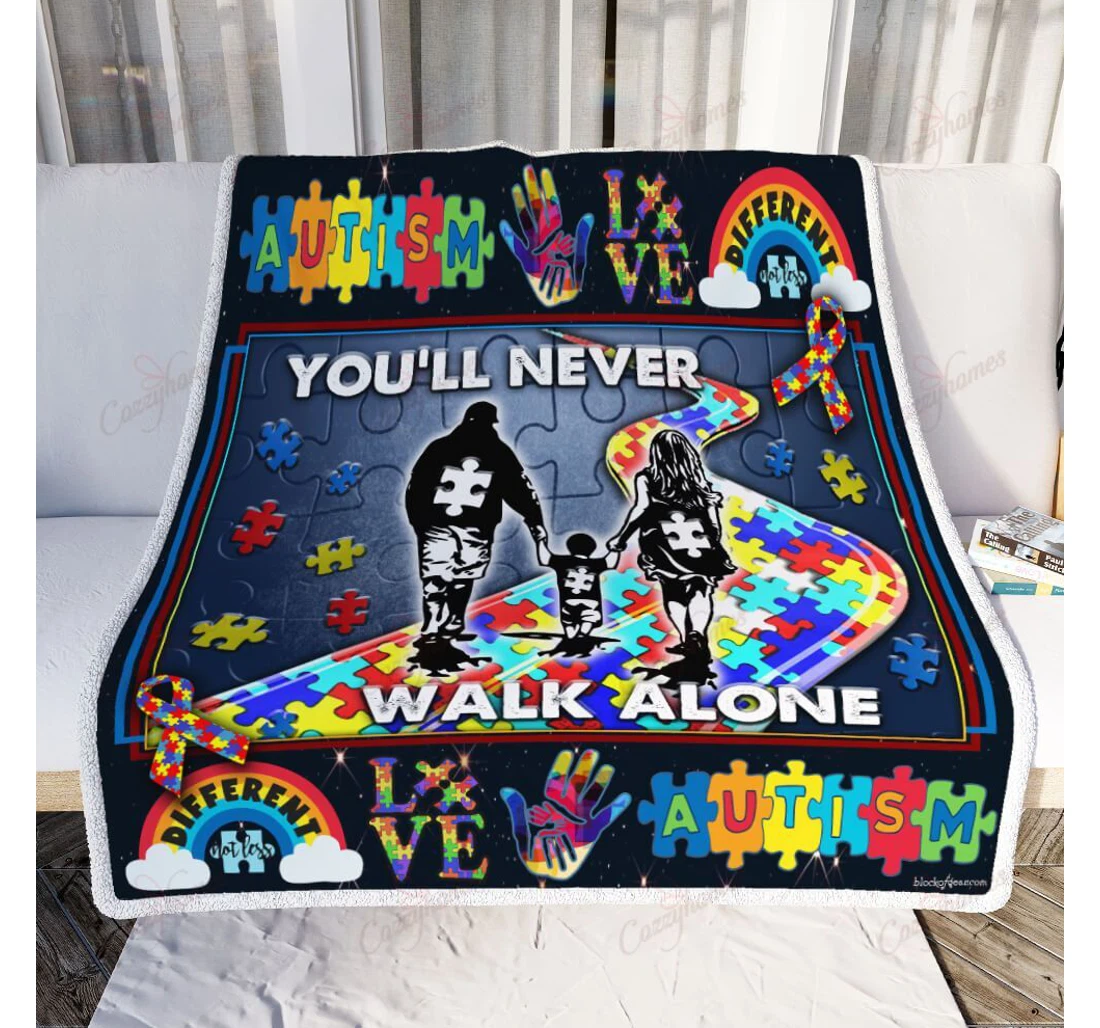 Throw Blanket, Quilt - Youll Never Walk Alone Autism Sherpa Fleece