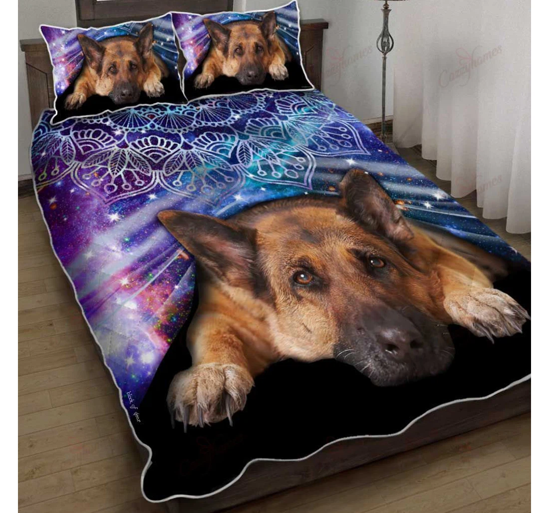 Throw Blanket, Quilt - German Shepherd Night Galaxy Mandala Set Sherpa Fleece