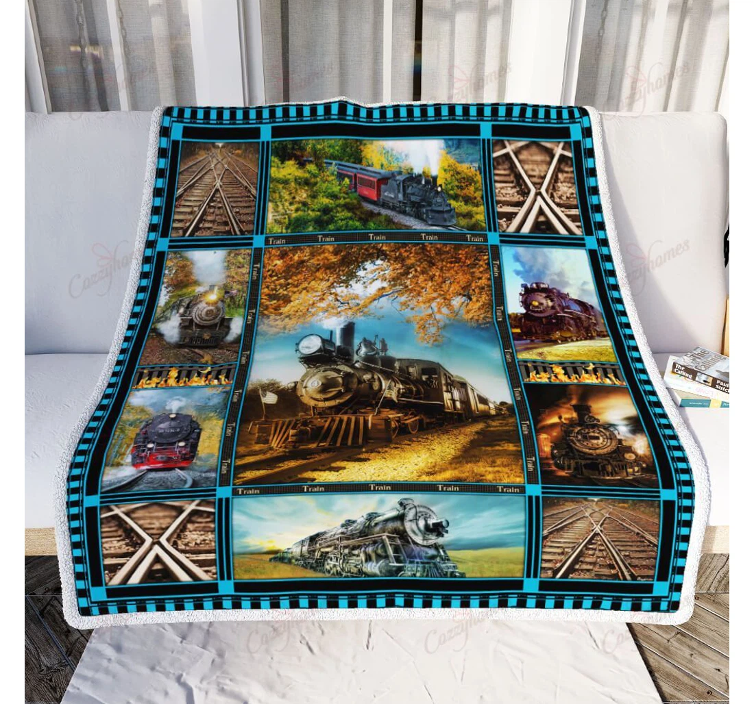 Throw Blanket, Quilt - Steam Railroad Trains Sherpa Fleece